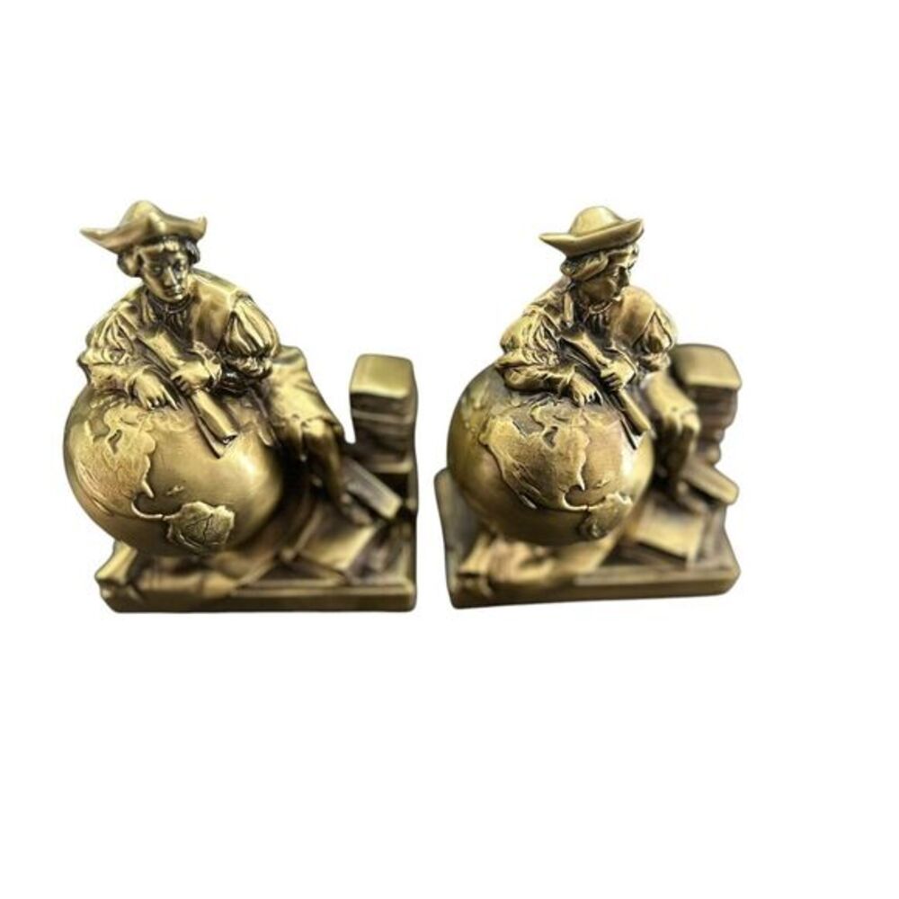 Vintage Christopher Columbus World Globe Brass Bookends Craftsman‎